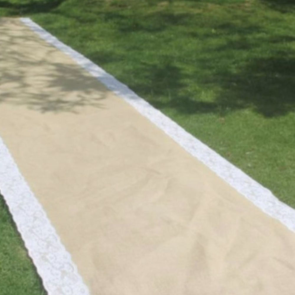 Tan Burlap Aisle Runner with White Lace Edges